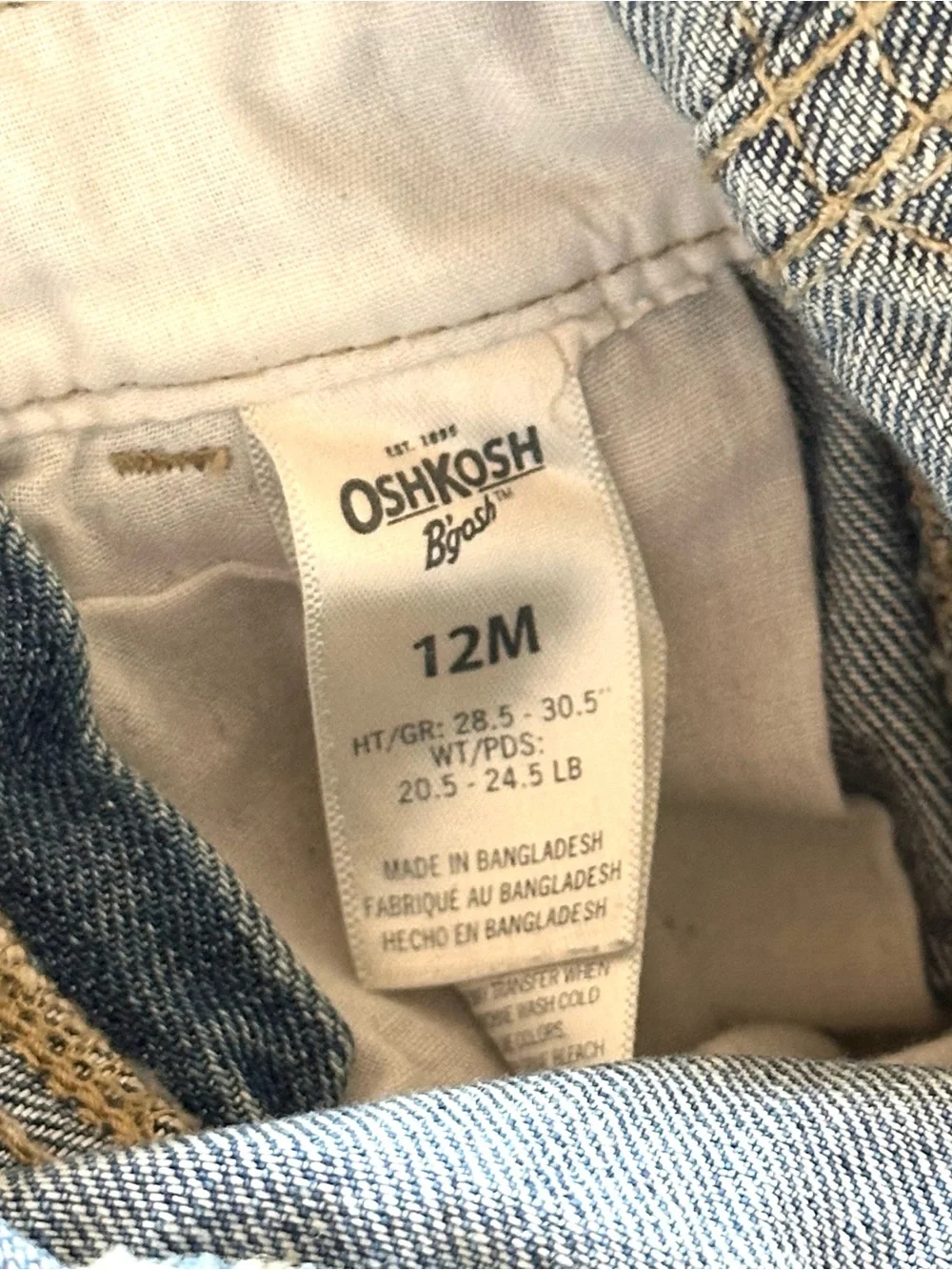 OshKosh B'gosh 12M Blue Denim Short Overalls with Floral Trim